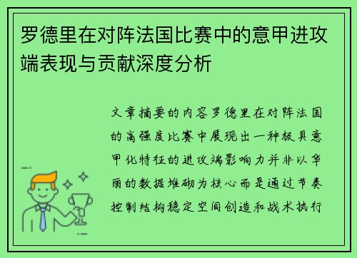 罗德里在对阵法国比赛中的意甲进攻端表现与贡献深度分析