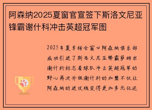 阿森纳2025夏窗官宣签下斯洛文尼亚锋霸谢什科冲击英超冠军图